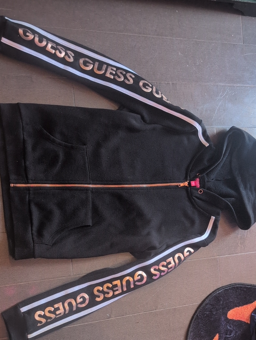 GUESS Black Hoodie Jacket with Metallic Logo Sleeve Stripes